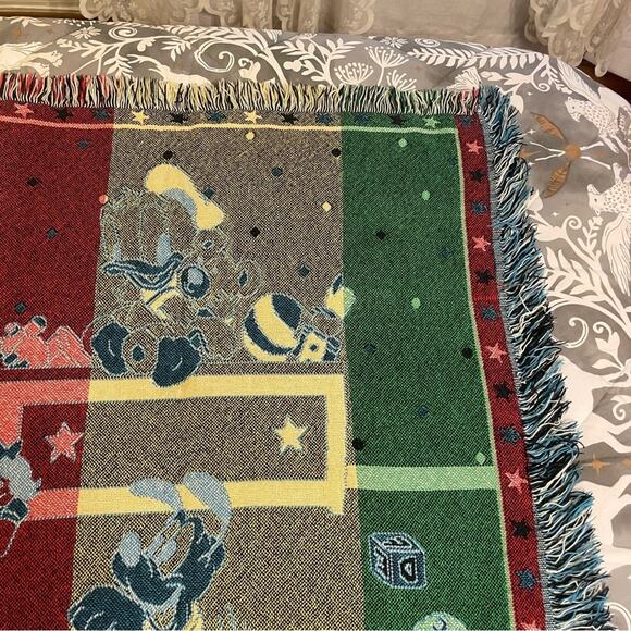 90s Vintage 45” x 53” Disney baby blanket fringe blue white Mickey Mouse toys - Picture 8 of 10